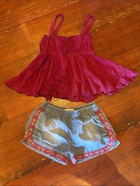 Peek Denim Shorts with Pink Embroidered Trim